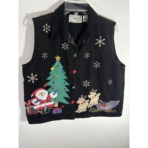 Tantrums Christmas Large Women Embroidery Jewels Black Vest Tree Santa Reindeer - Picture 1 of 9